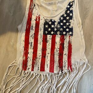 Patriotic Fringe Tank Top with Distressed American Flag